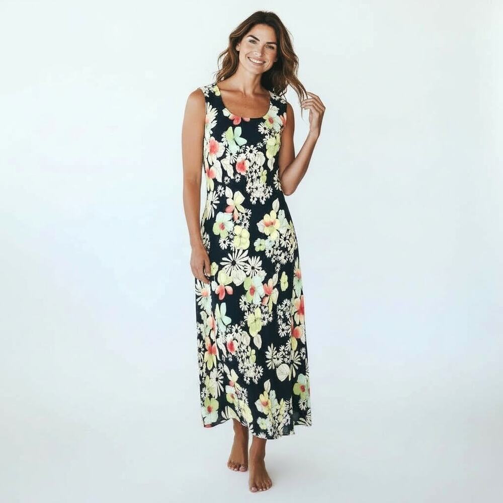 JONES WEAR DRESS Pastel Floral/Black Woven Rayon Midi Dress 10 Formal FairyCore